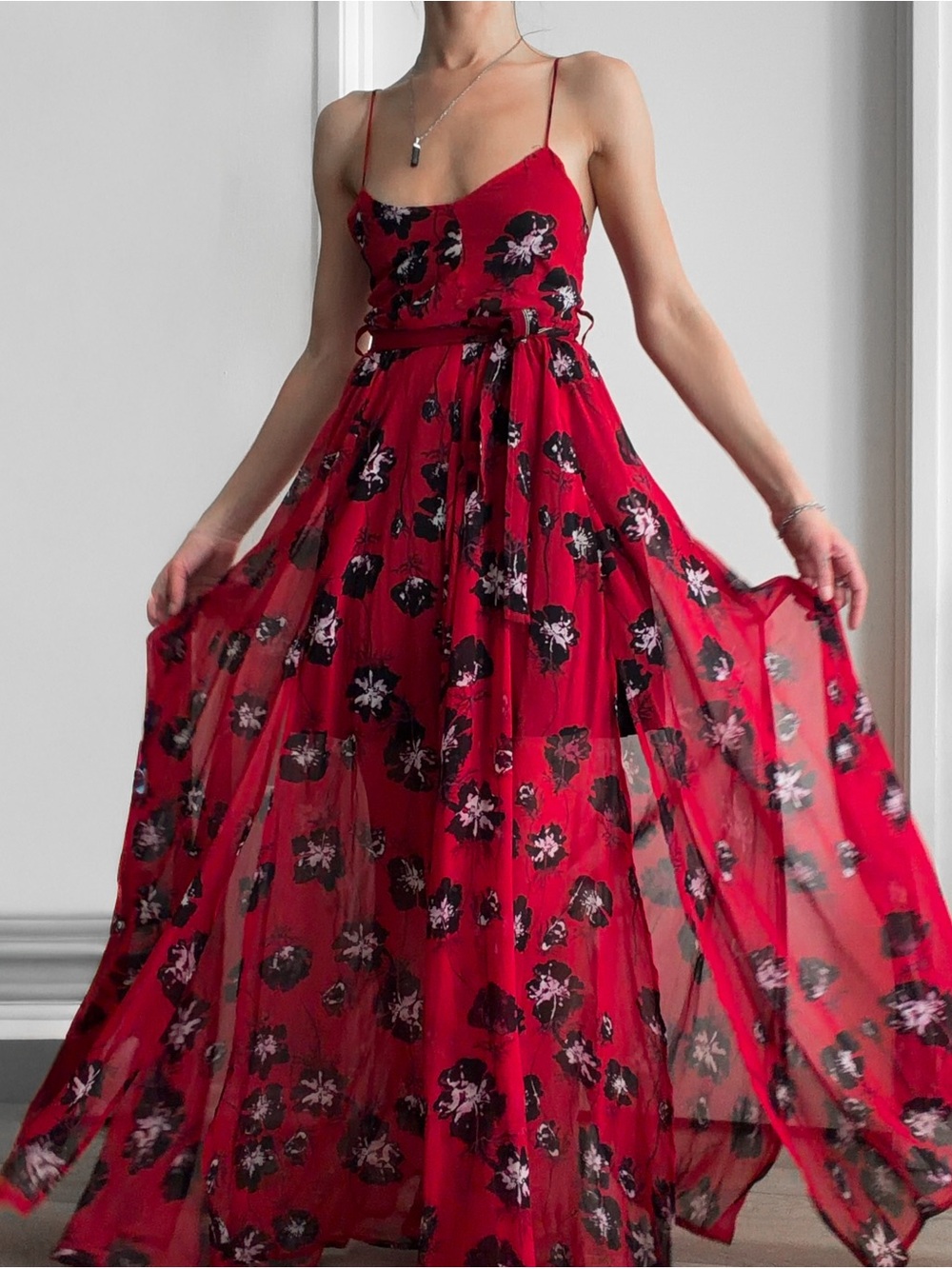RELIGION Red Floral Chiffon Maxi Dress